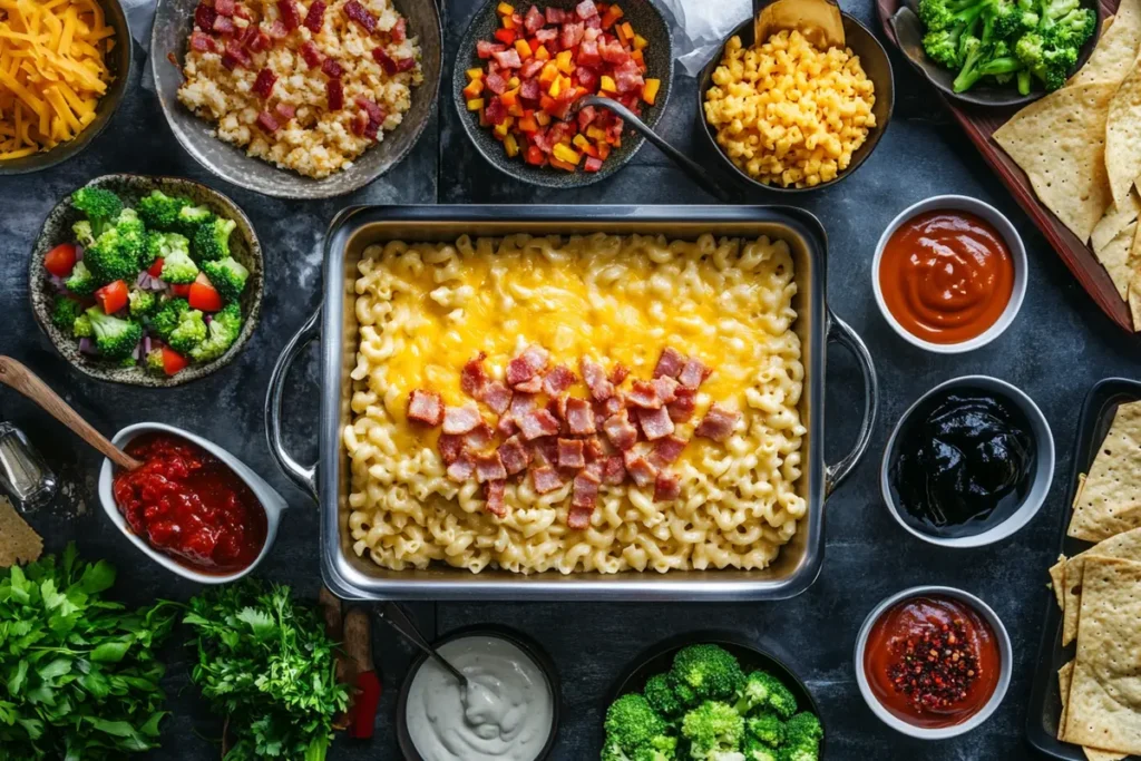  A colorful mac n cheese bar with different toppings like bacon, cheese, and broccoli, with creamy mac in the center.
