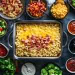 A colorful mac n cheese bar with different toppings like bacon, cheese, and broccoli, with creamy mac in the center.