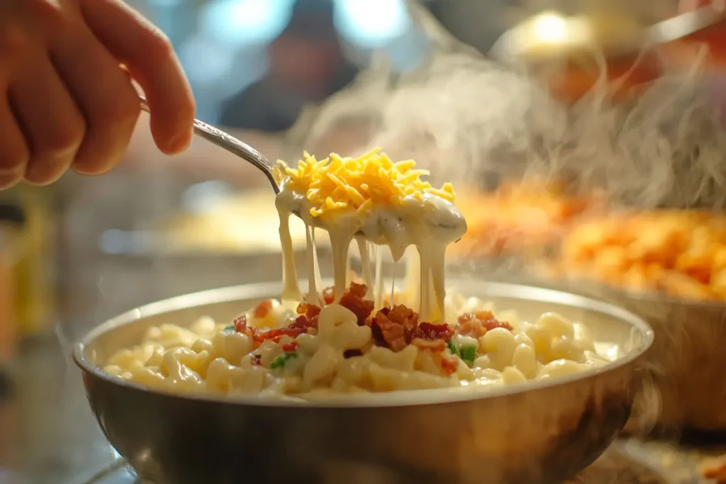 A close-up of hands adding toppings to a bowl of mac n cheese at a mac n cheese bar.