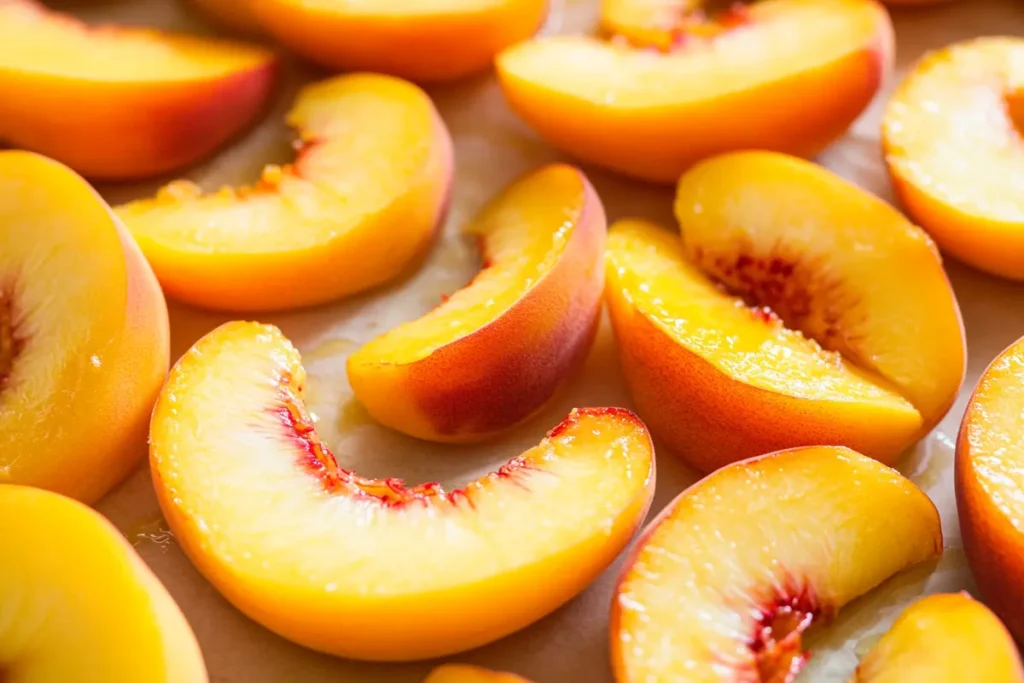 Slices of fresh peaches ready to be used in a crumble recipe.