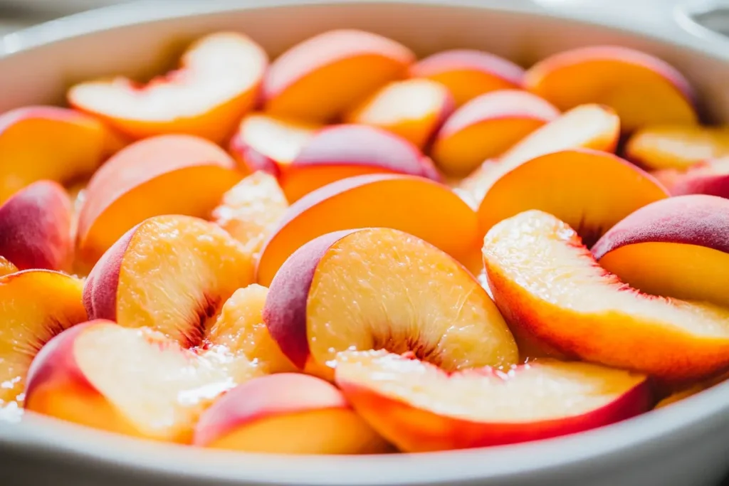 Fresh peach slices arranged in a baking dish, ready for crumble topping.