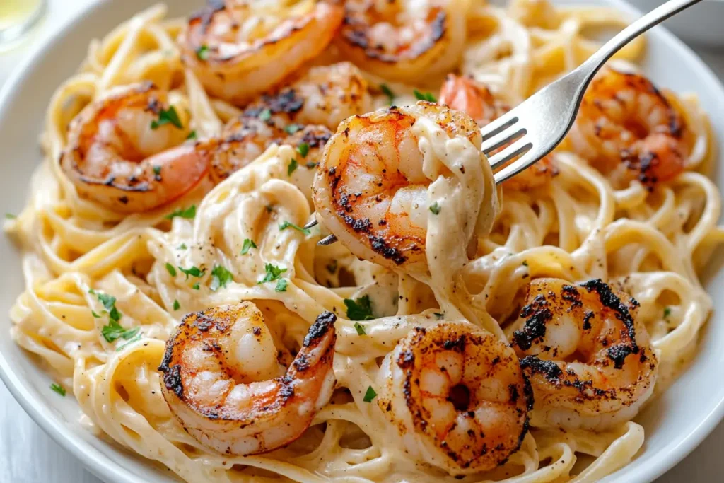 Plate of Blackened Shrimp Alfredo Overhead