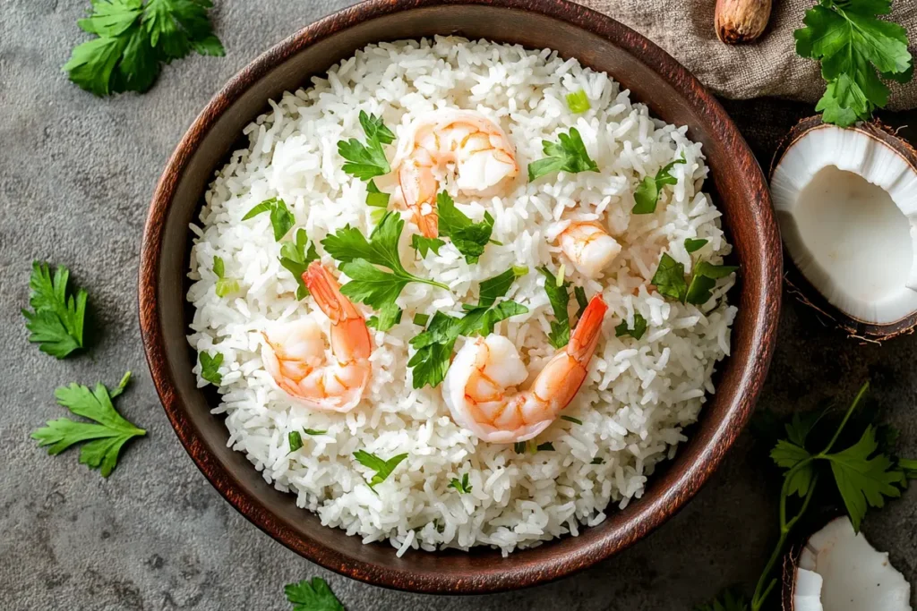 A Top-down coconut rice and shrimp