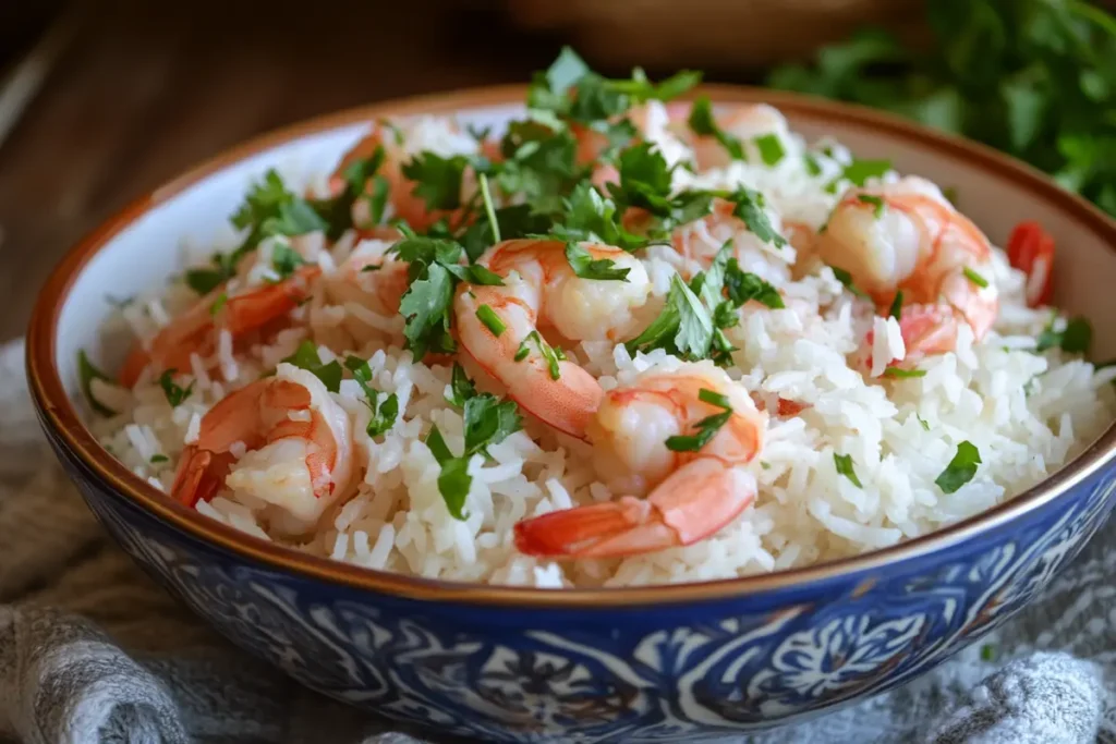 Vibrant coconut rice and shrimp in a tropical setting