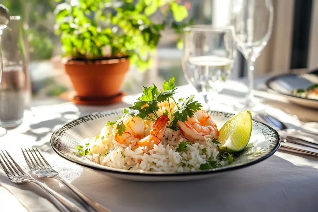 Elegant plated coconut rice and shrimp dish