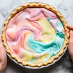 Hands swirling filling in Easter Swirl Pie.