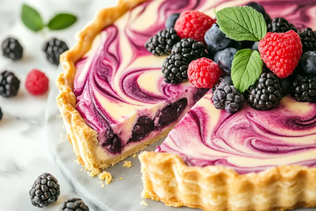 A close-up of Easter Swirl Pie slices topped with fresh berries.