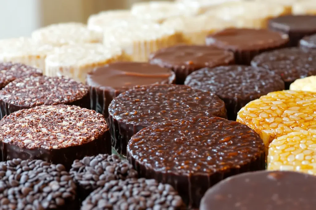 Variety of chocolate rice cake flavors on display