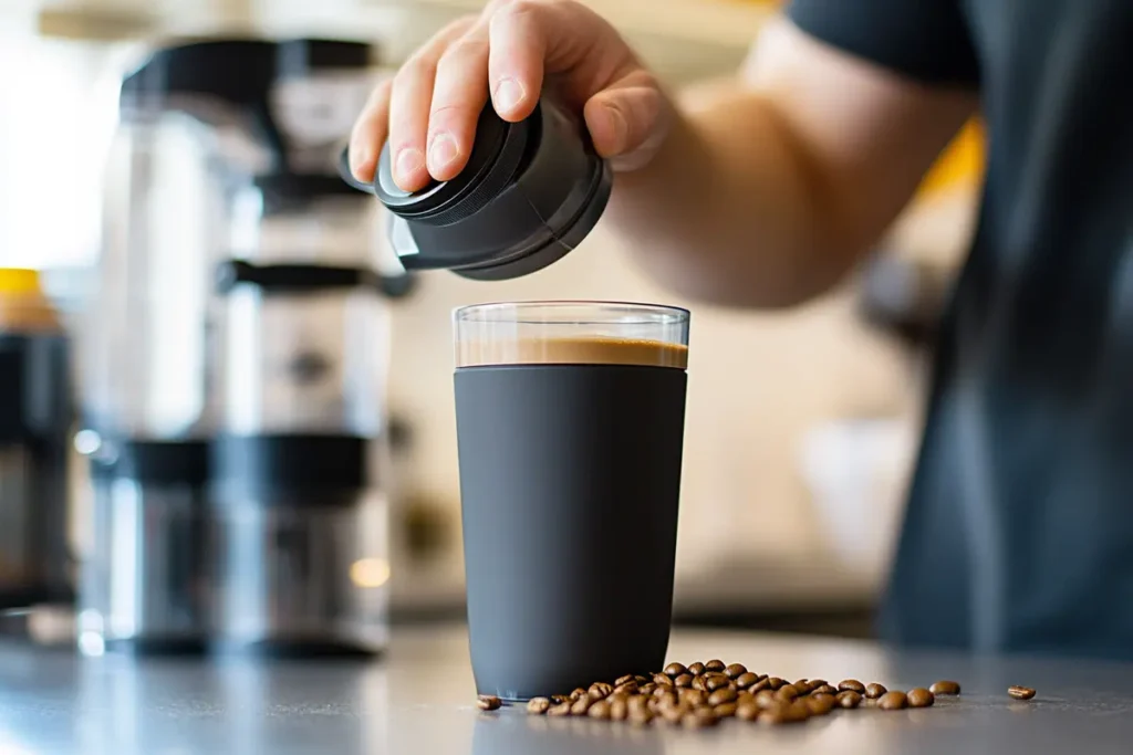 A modern, sleek workspace with a vibrant protein coffee on a stylish ceramic cup