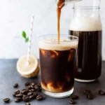 A vibrant morning scene with a steaming cup of protein coffee on a rustic table