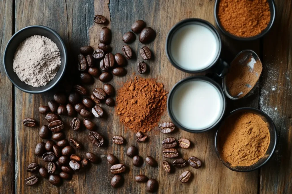 A creative flat lay of protein coffee ingredients arranged neatly