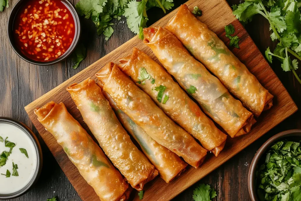 Prepared shrimp spring rolls on a plate