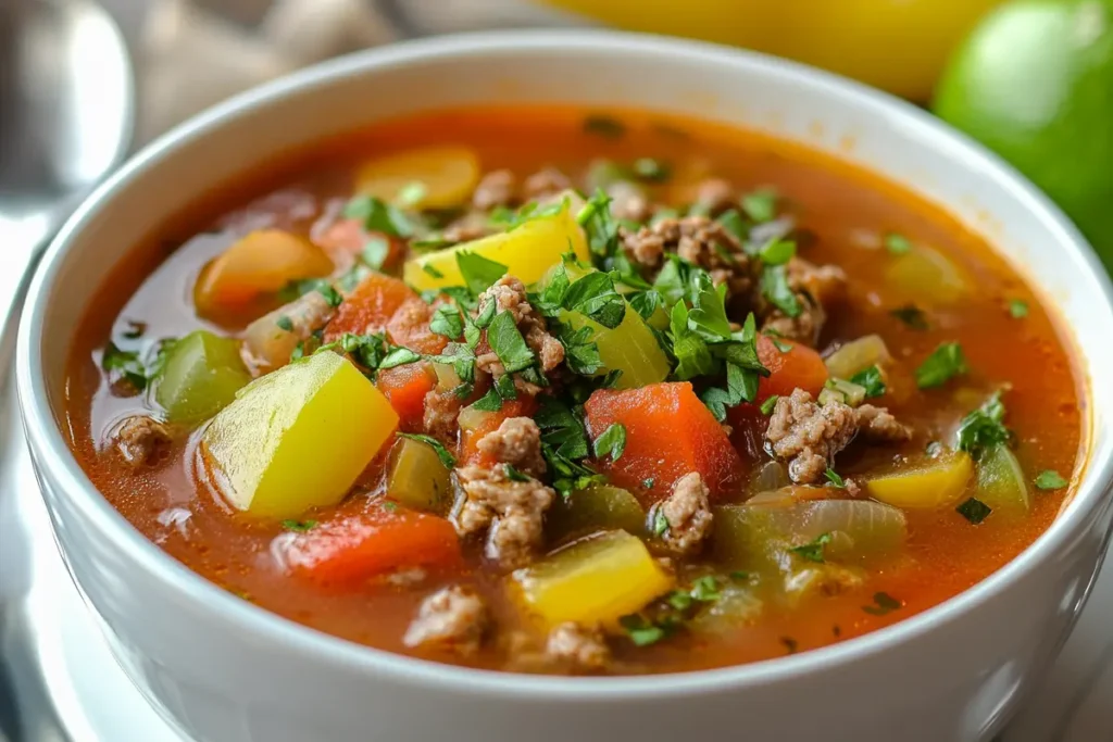 Close-up of slow cooker stuffed pepper soup garnished with herbs