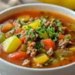 Close-up of slow cooker stuffed pepper soup garnished with herbs