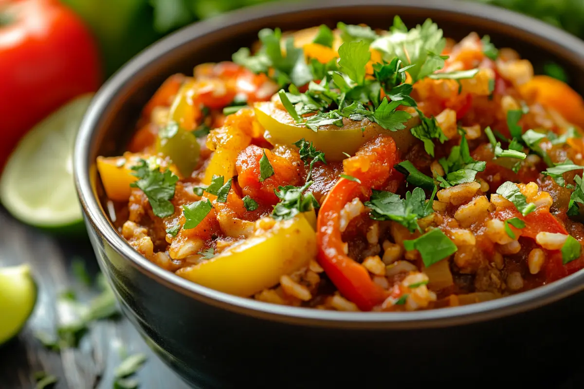 A close-up view showcasing the rich texture and vibrant colors of the soup.