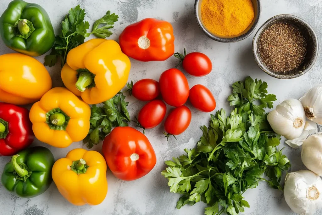 Artistic flat lay of ingredients for slow cooker stuffed pepper soup