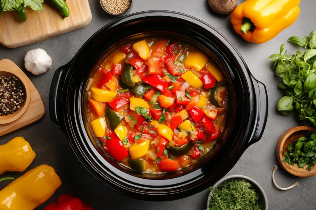 Slow cooker stuffed pepper soup in a cozy kitchen