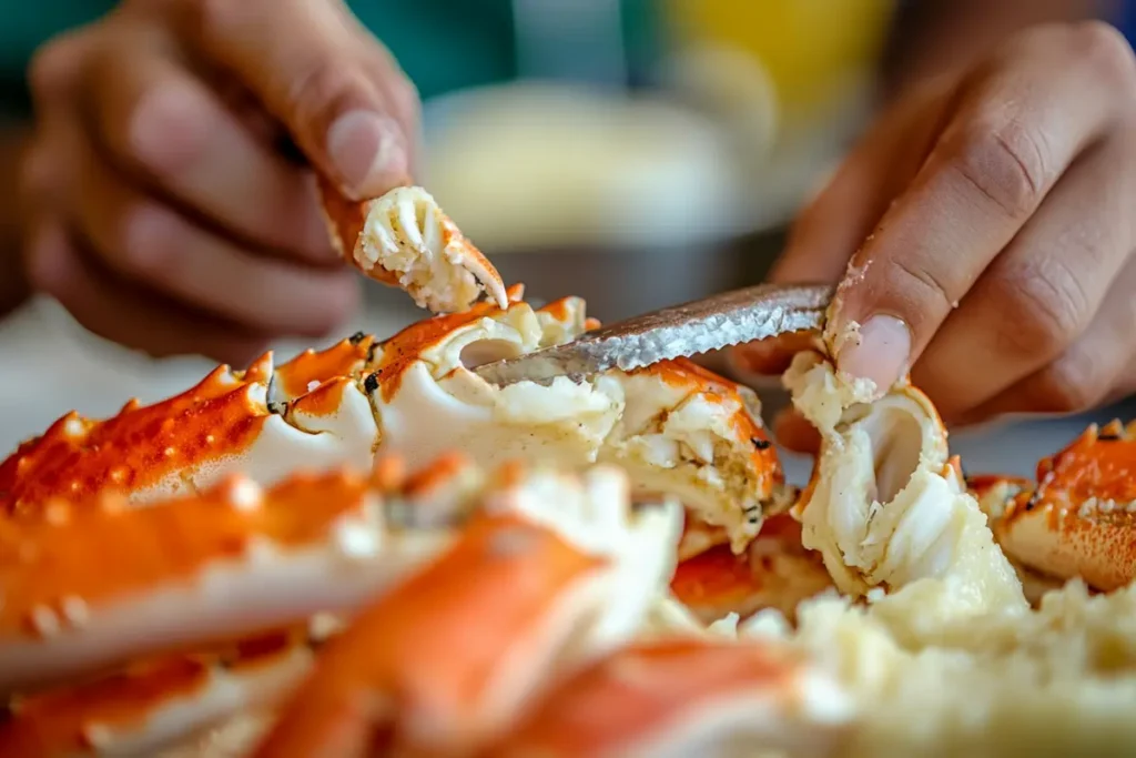 Cracking open a snow crab leg to reveal the meat.