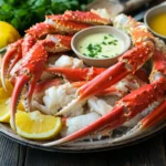 Platter of snow crab legs with dipping sauce and lemon.