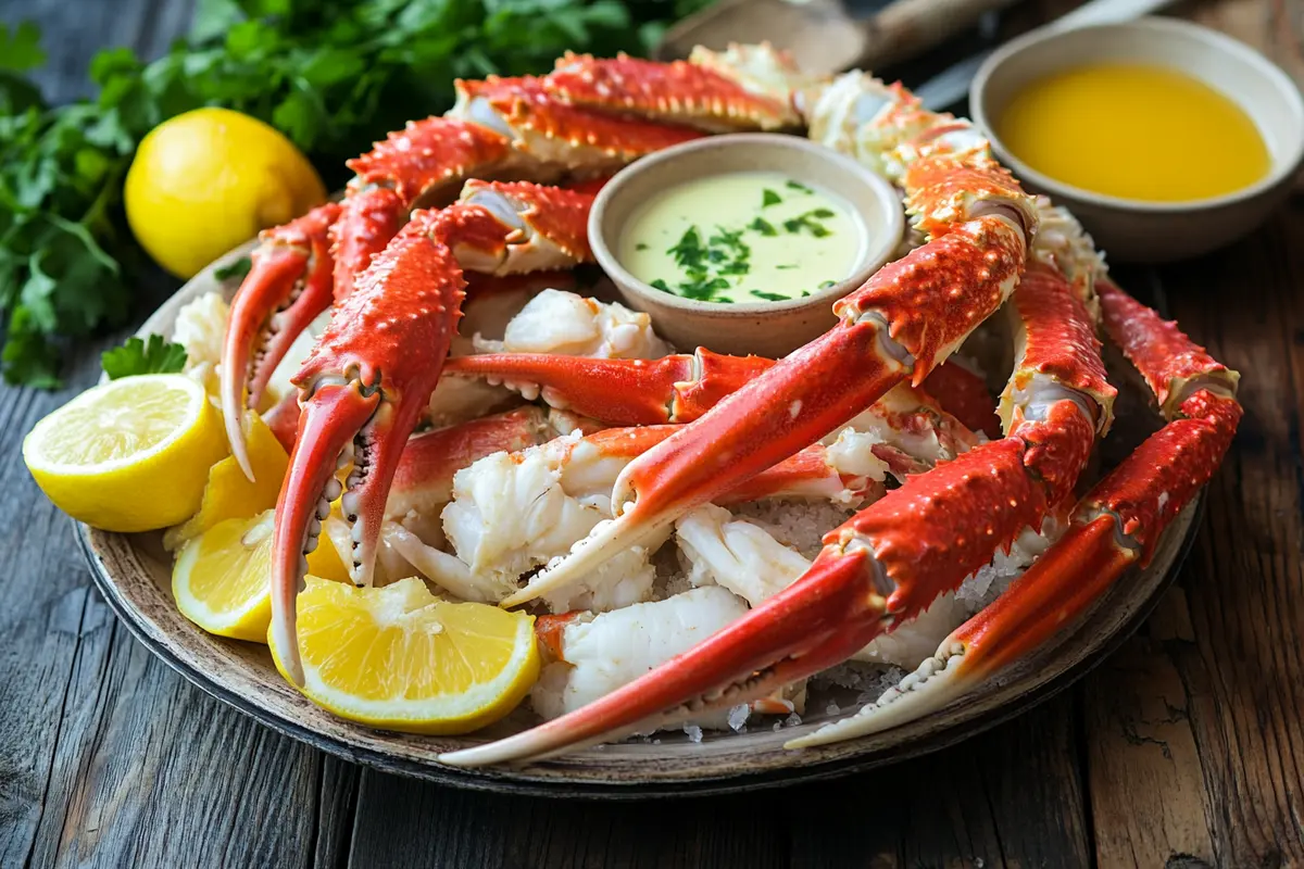 Platter of snow crab legs with dipping sauce and lemon.