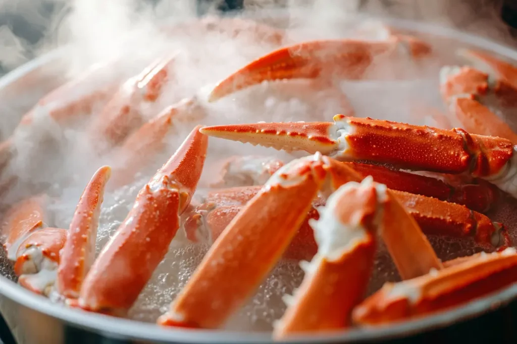 Steaming snow crab legs in a pot.