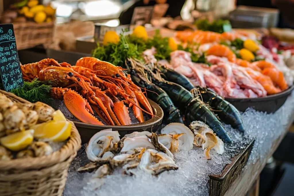 Fresh seafood in a lively market setting