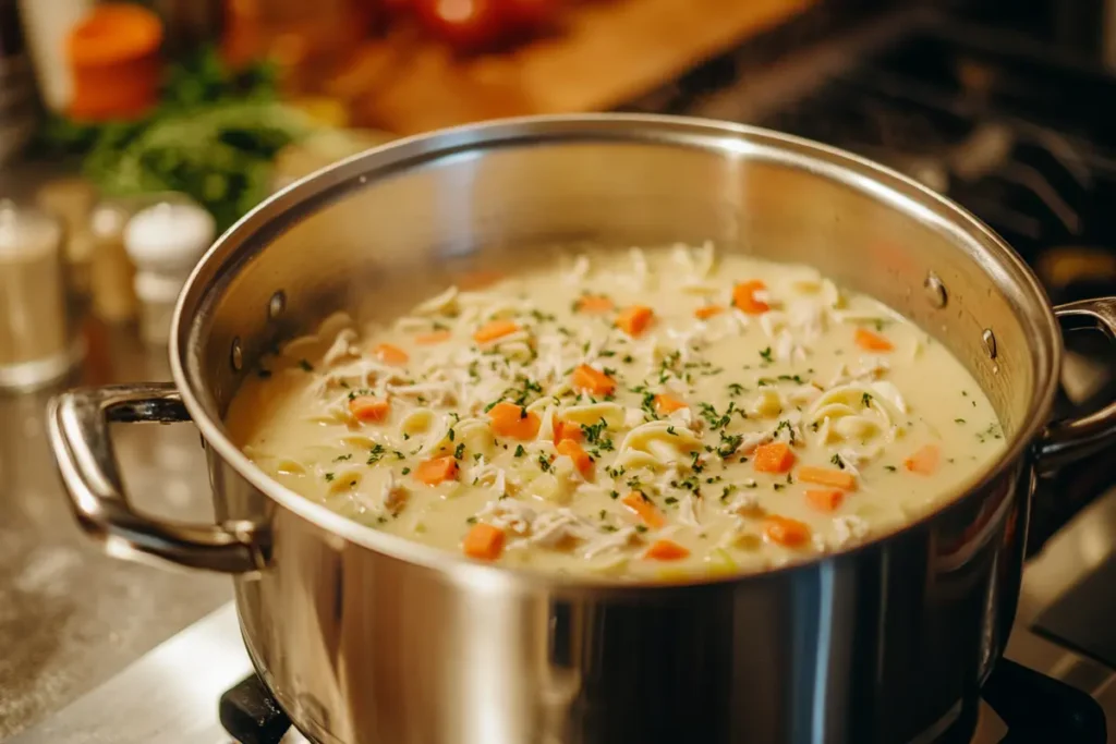 Close-up shot of someone stirring Crack Chicken Noodle Soup in a pot on the stove.