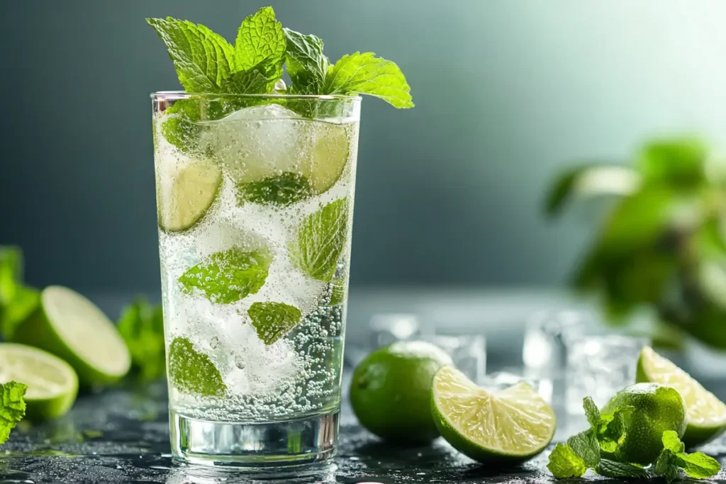 Refreshing herbal cordial drink with mint and lime