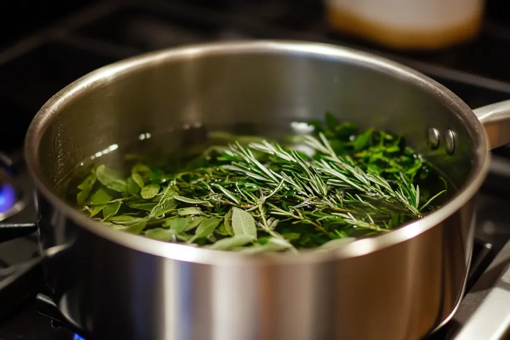 Simmering herbs to make a fragrant herbal cordial syrup