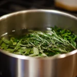 Simmering herbs to make a fragrant herbal cordial syrup