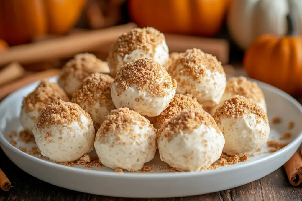 Creamy no bake pumpkin cheesecake balls rolled in crushed gingersnap cookies.