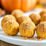 no bake pumpkin cheesecake balls rolled in crushed gingersnap cookies.