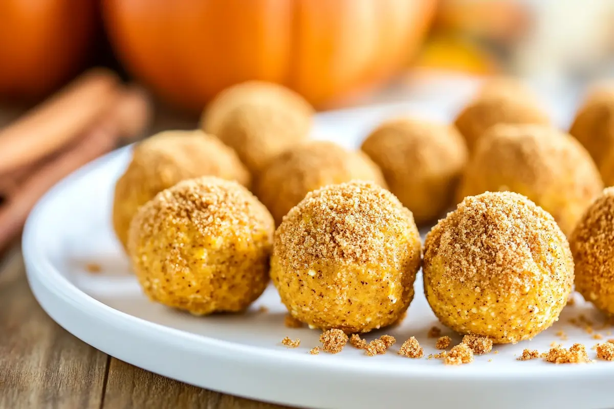 no bake pumpkin cheesecake balls rolled in crushed gingersnap cookies.