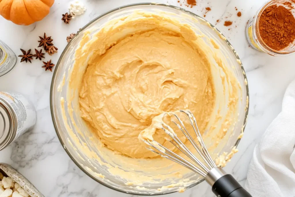 Mixing cream cheese and pumpkin puree for no bake pumpkin cheesecake balls.