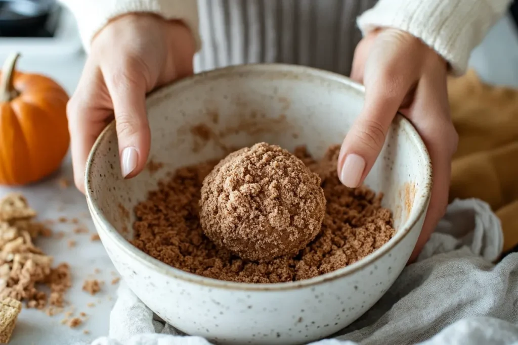 Rolling no bake cheesecake ball in crushed gingersnap cookies.