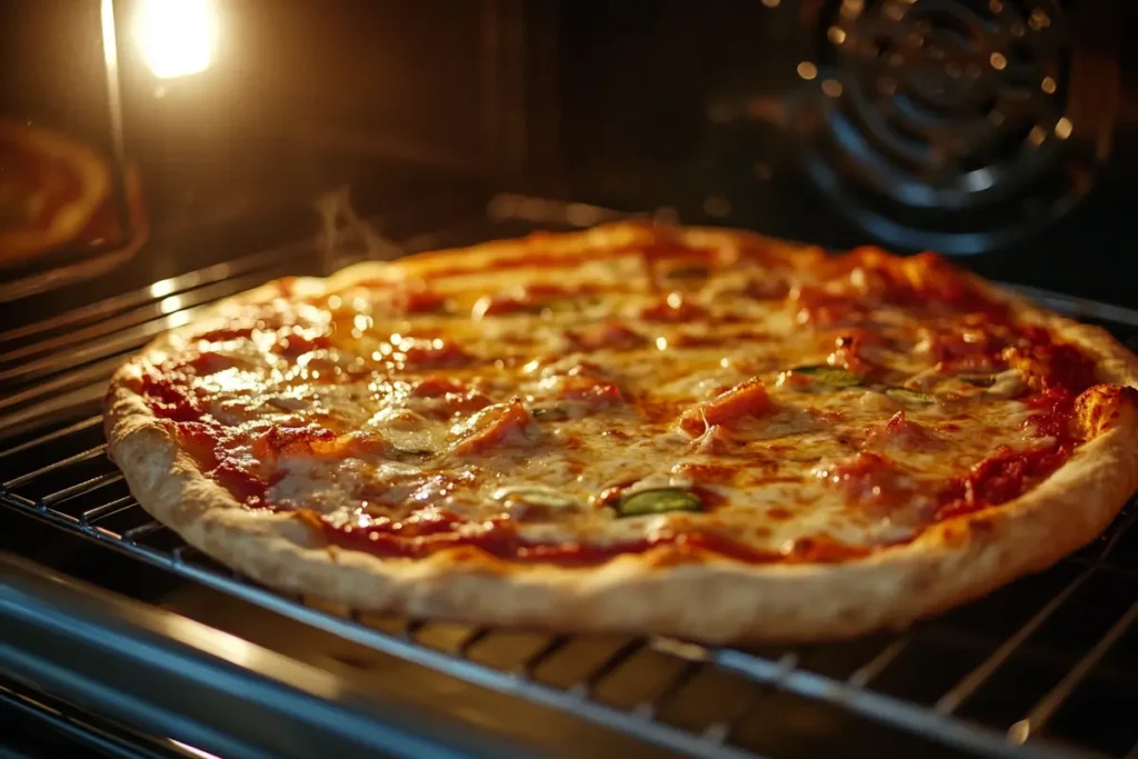 Pickle pie pizza baking in the oven.