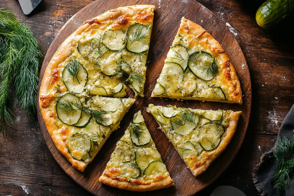 Whole pickle pie pizza on a wooden cutting board, sliced and ready to serve.