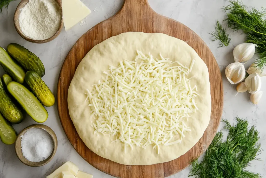 Ingredients for pickle pie pizza laid out on a kitchen counter.