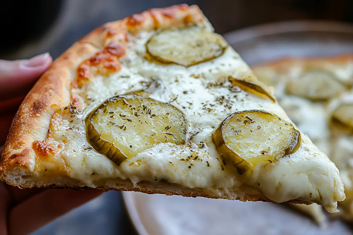 Close-up of a slice of pickle pie pizza with melted mozzarella and dill pickles.